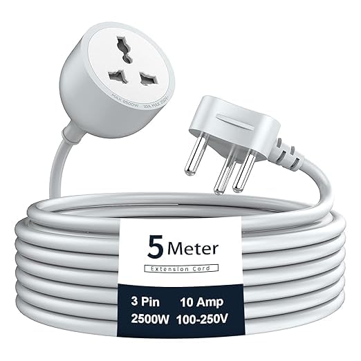 ZUCUR 5 Meter 3-Pin Heavy Duty Extension Cord | 10A 2500W Power Cable for Home & Office