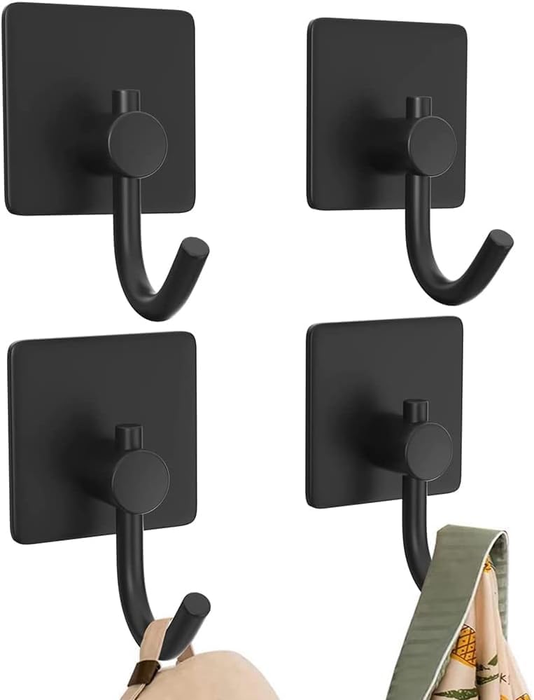 ZUCUR “Matte Black Adhesive Wall Hooks – Heavy Duty No-Drill Hooks for Towels, Coats & Kitchen | Waterproof & Rustproof Design”
