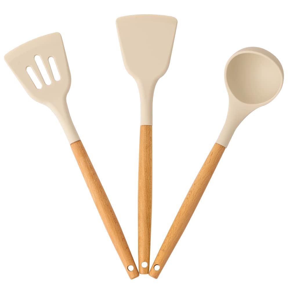 Silicone Cooking Utensils Set, 3-Piece Heat-Resistant Non-Stick Kitchen Tools with Natural Wood Handles