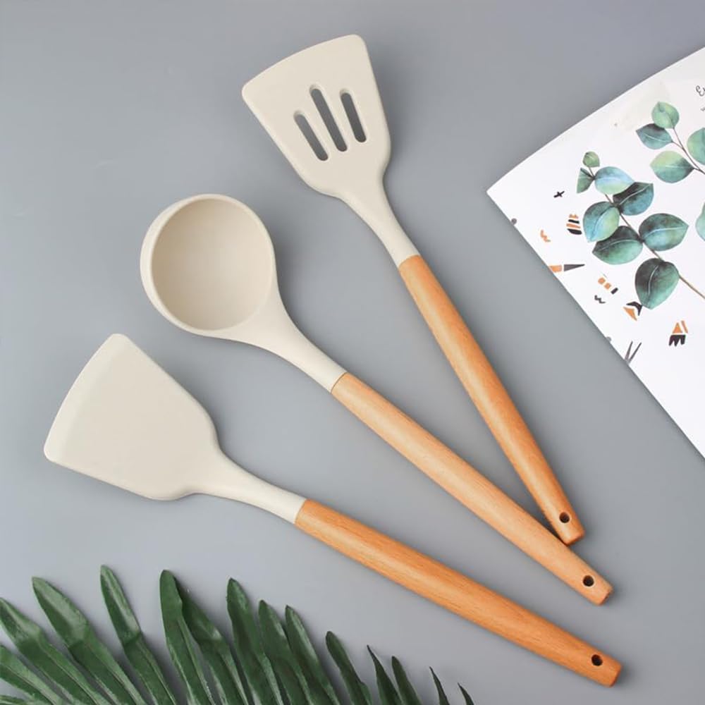 Silicone Cooking Utensils Set, 3-Piece Heat-Resistant Non-Stick Kitchen Tools with Natural Wood Handles
