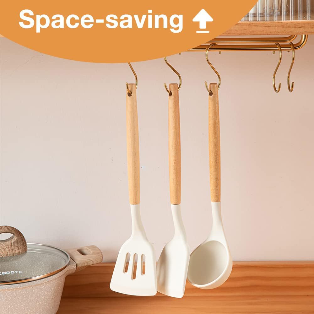 Silicone Cooking Utensils Set, 3-Piece Heat-Resistant Non-Stick Kitchen Tools with Natural Wood Handles