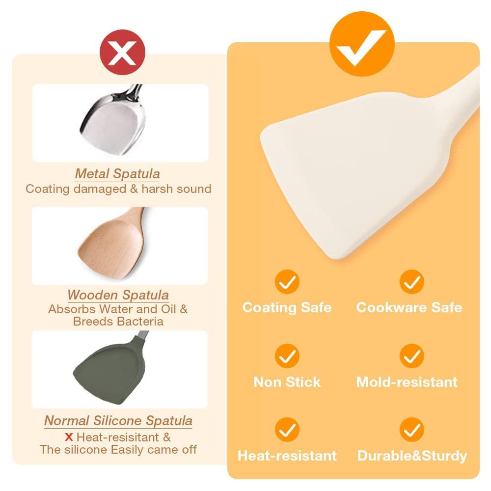 Silicone Cooking Utensils Set, 3-Piece Heat-Resistant Non-Stick Kitchen Tools with Natural Wood Handles