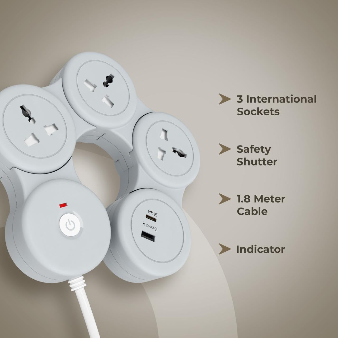 ZUCUR Smart 4-Socket Round Power Strip with USB & Type-C | Universal Plug Extension Board