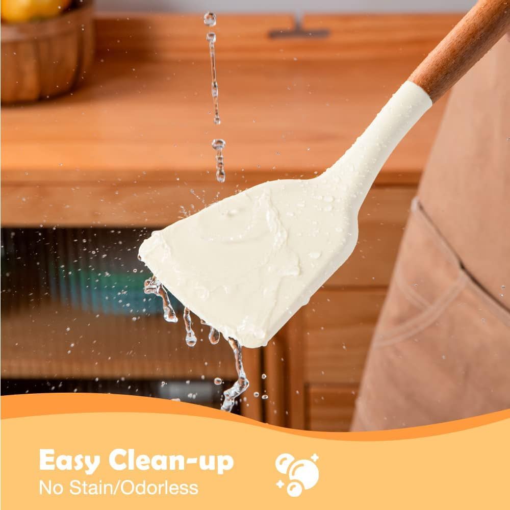 Silicone Cooking Utensils Set, 3-Piece Heat-Resistant Non-Stick Kitchen Tools with Natural Wood Handles