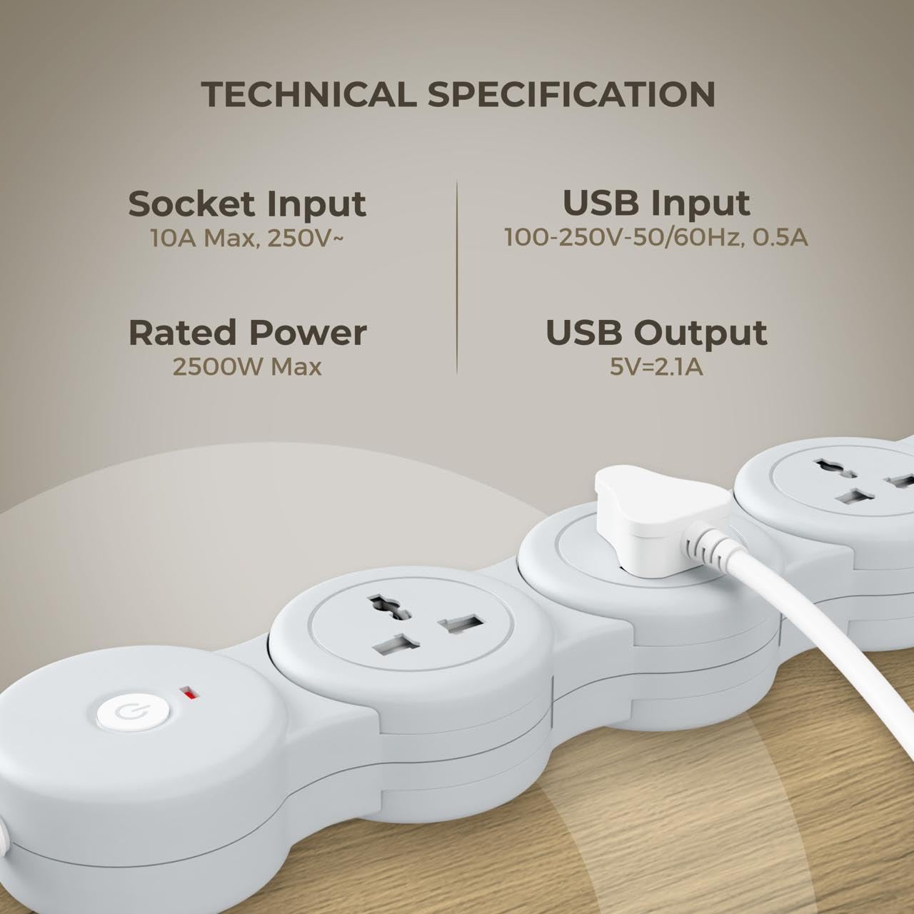 ZUCUR Smart 4-Socket Round Power Strip with USB & Type-C | Universal Plug Extension Board