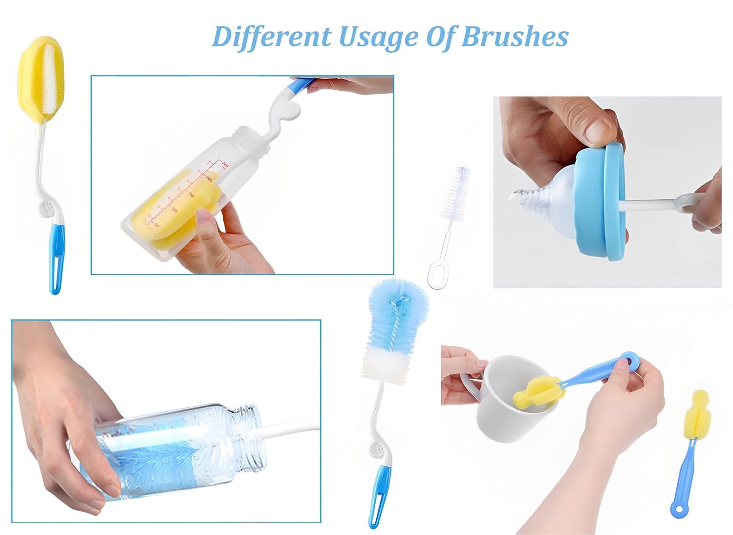 ZUCUR 5-in-1 Bottle & Nipple Cleaning Brush Set (Yellow/White)