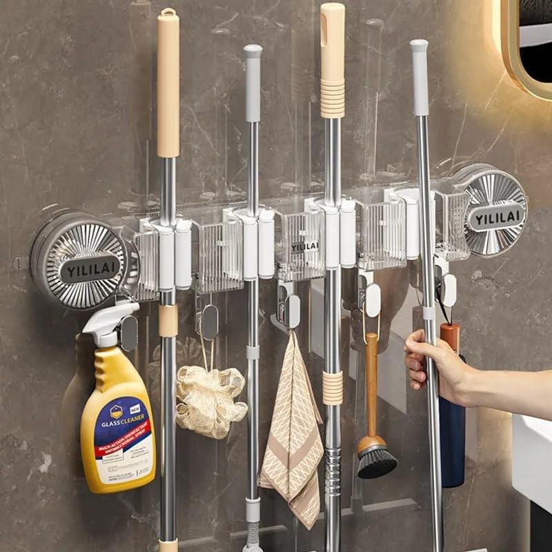 ZUCUR Premium Wall-Mounted Mop & Broom Holder Luxury Bathroom & Kitchen Organizer