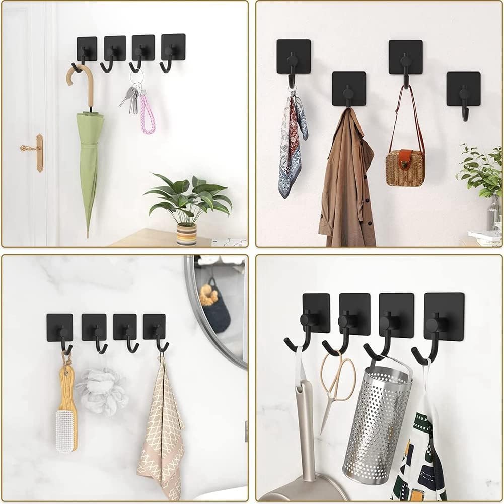 ZUCUR “Matte Black Adhesive Wall Hooks – Heavy Duty No-Drill Hooks for Towels, Coats & Kitchen | Waterproof & Rustproof Design”