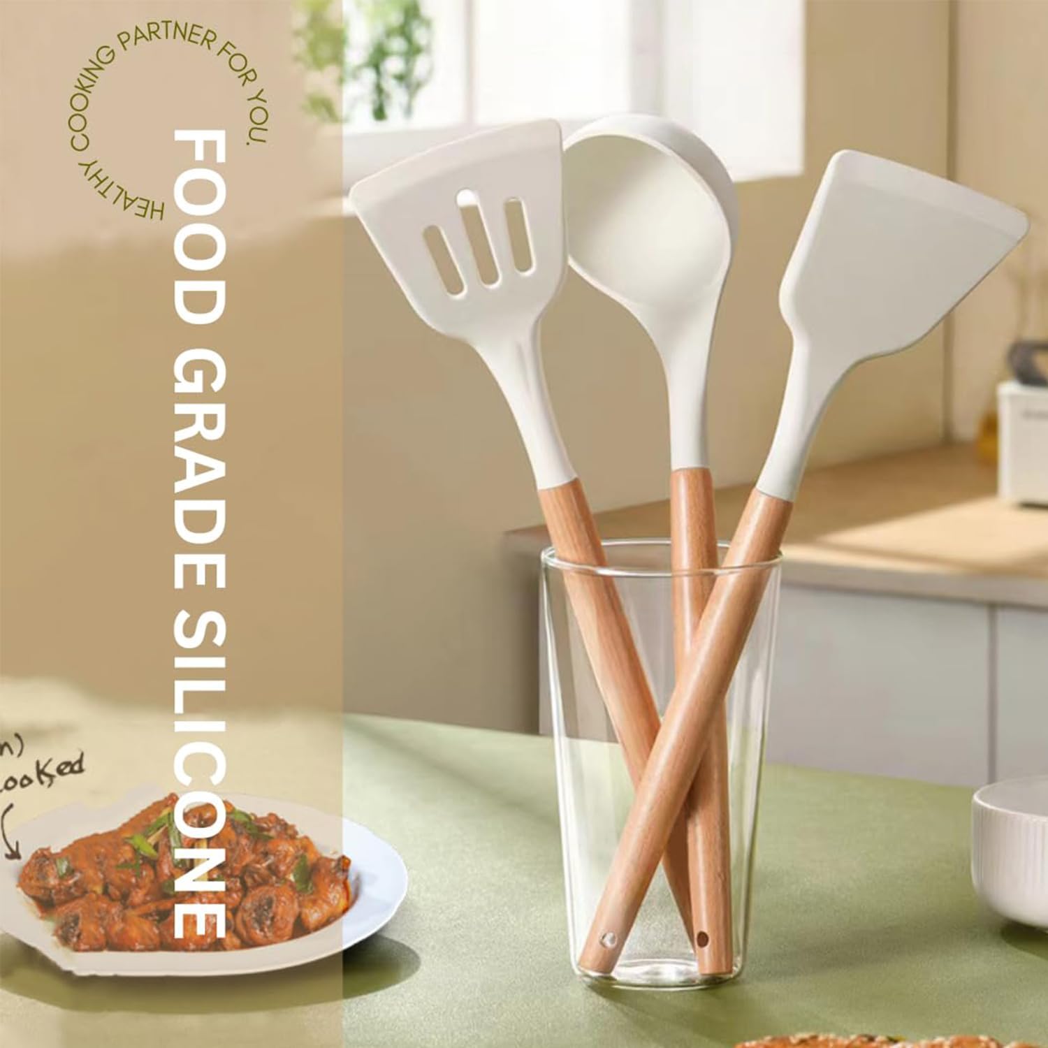 Silicone Cooking Utensils Set, 3-Piece Heat-Resistant Non-Stick Kitchen Tools with Natural Wood Handles