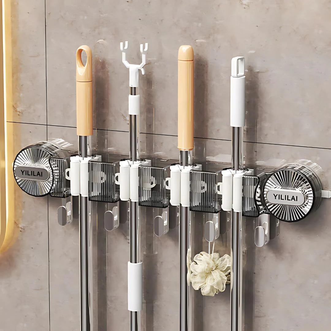 ZUCUR Premium Wall-Mounted Mop & Broom Holder Luxury Bathroom & Kitchen Organizer