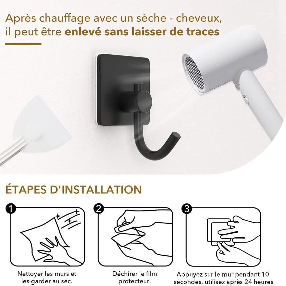 ZUCUR “Matte Black Adhesive Wall Hooks – Heavy Duty No-Drill Hooks for Towels, Coats & Kitchen | Waterproof & Rustproof Design”