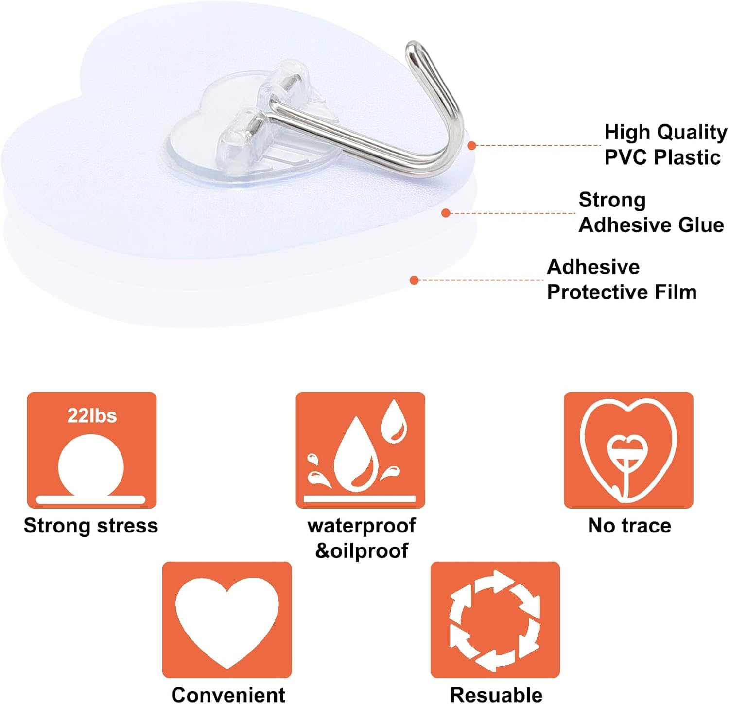 ZUCUR Heart-Shaped Transparent Adhesive Wall Hooks – Heavy Duty Waterproof No-Drill Hooks for Home, Kitchen, Bathroom & Bedroom – Strong Self-Adhesive Wall Hangers (Set of 10)