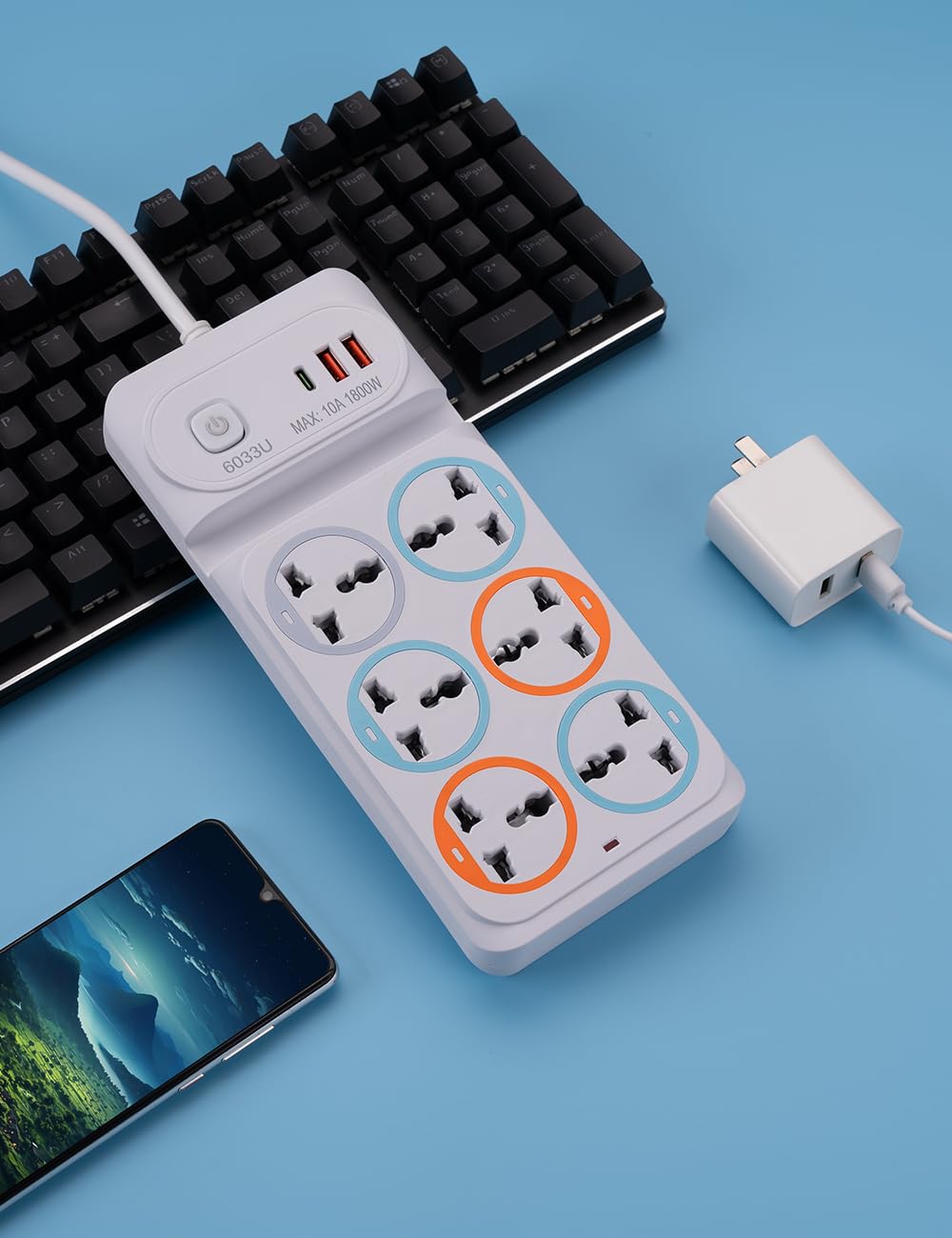 ZUCUR Smart Power Strip with USB Ports | Multi-Plug Extension Board (10A 1800W)