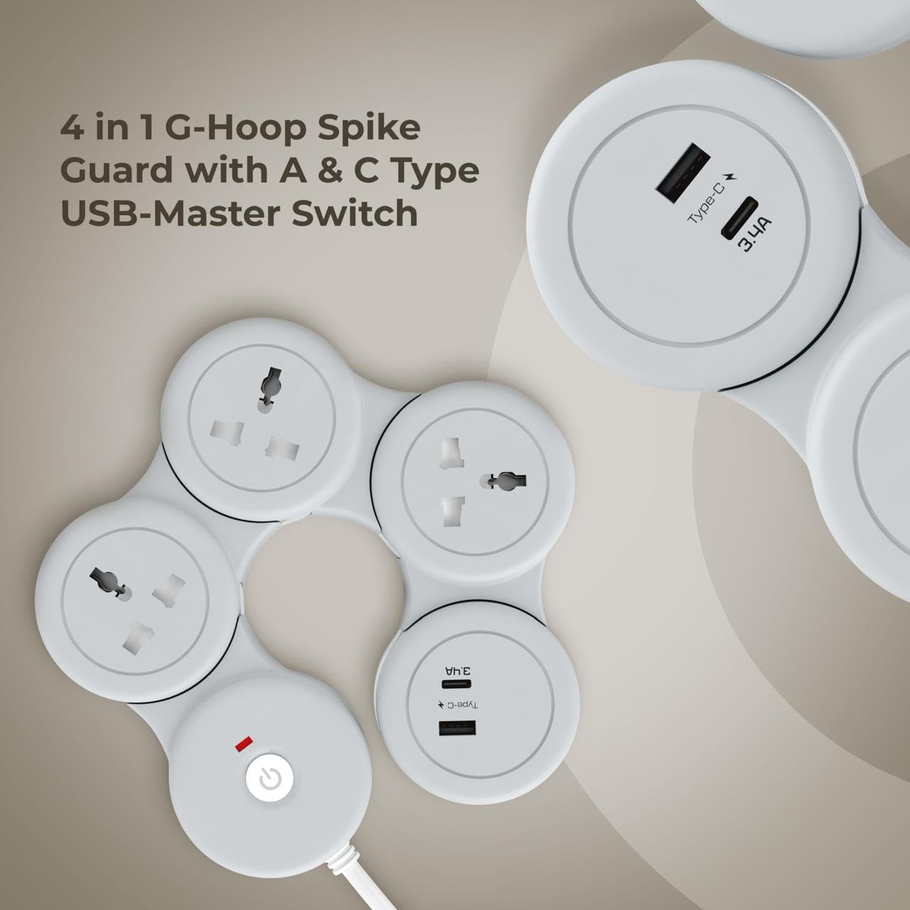 ZUCUR Smart 4-Socket Round Power Strip with USB & Type-C | Universal Plug Extension Board