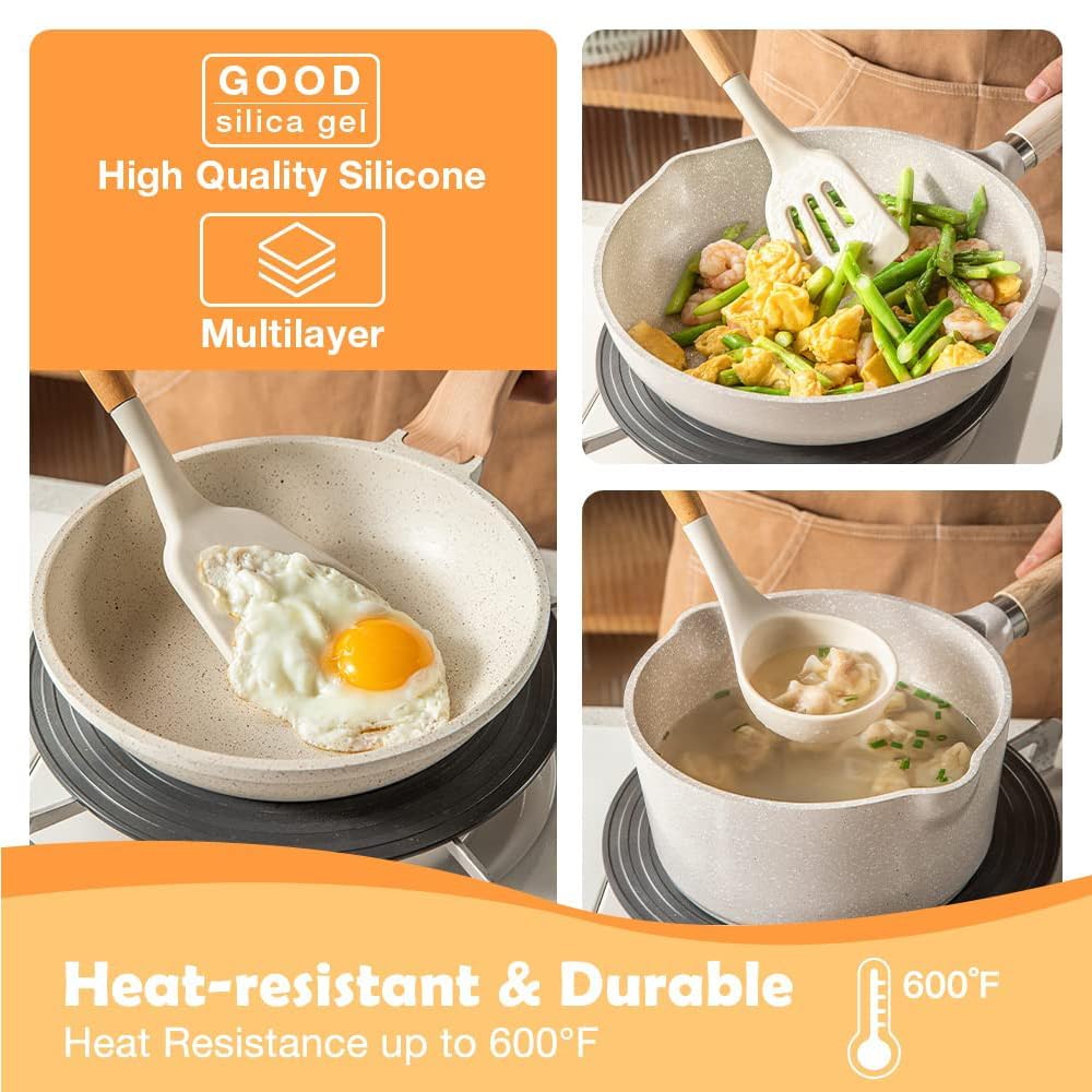 Silicone Cooking Utensils Set, 3-Piece Heat-Resistant Non-Stick Kitchen Tools with Natural Wood Handles