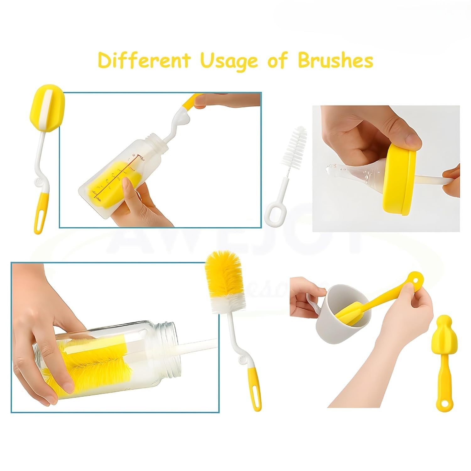 ZUCUR 5-in-1 Bottle & Nipple Cleaning Brush Set (Yellow/White)