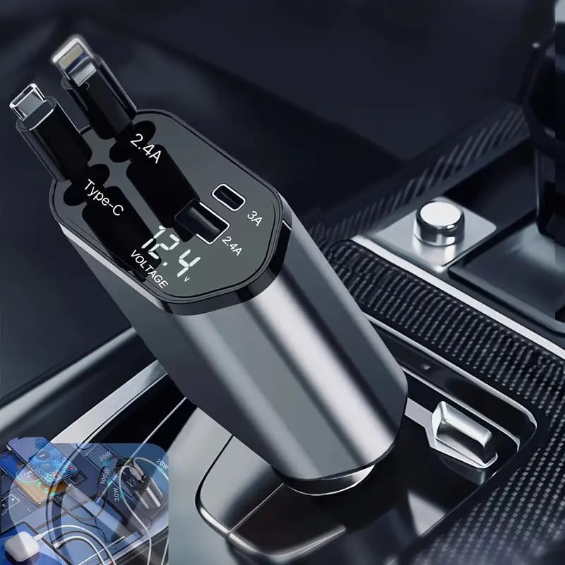 ZUCUR 3-in-1 Smart Car Charger with LED Voltage Display – Dual USB & Type-C Fast Charging Adapter