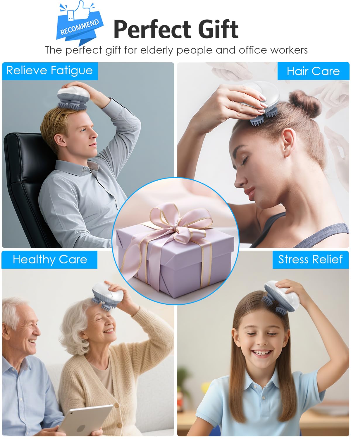 ZUCUR Electric Scalp Massager – 4-Head Rechargeable Waterproof Head & Body Relaxation Device