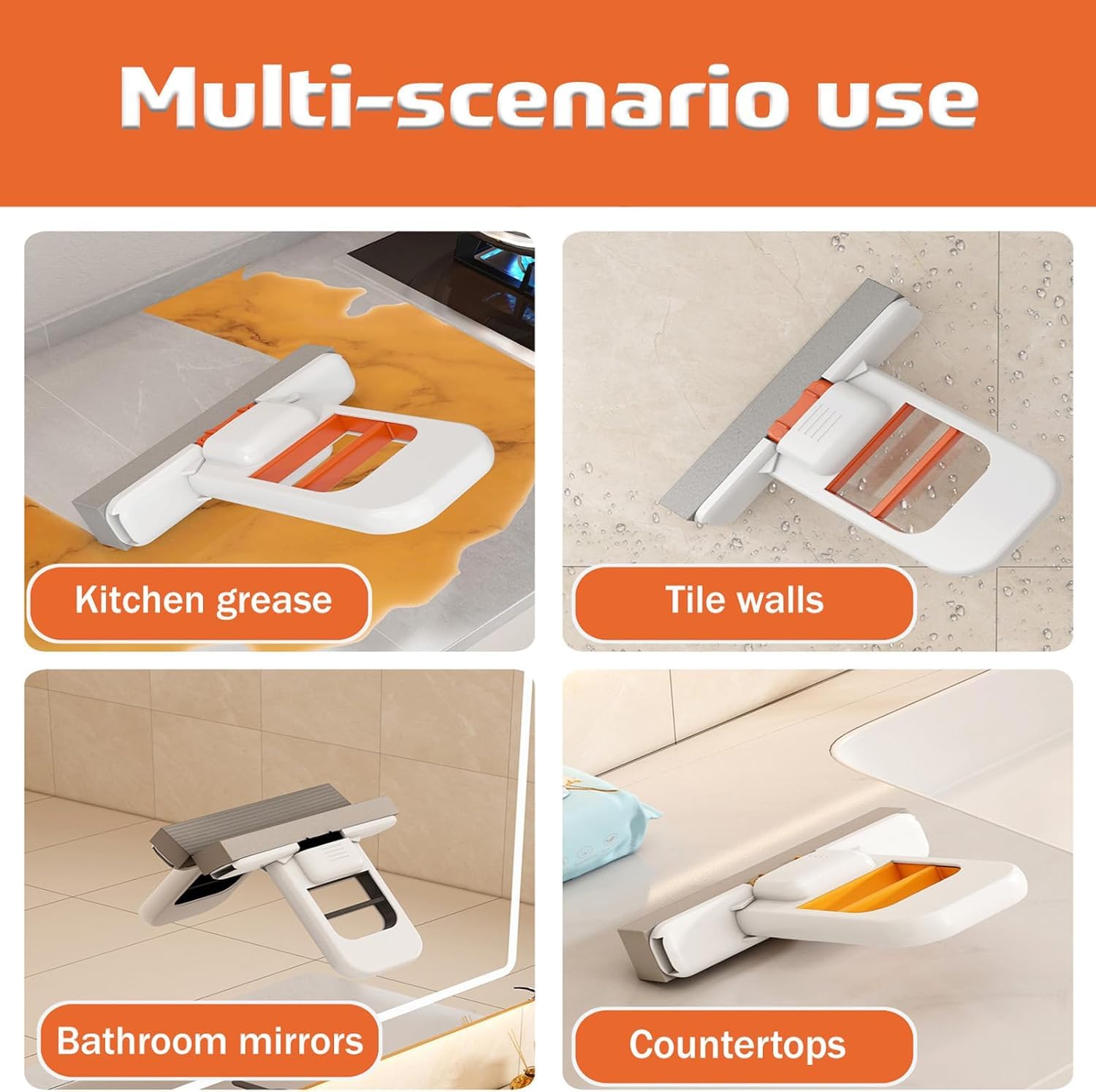 ZUCUR Multi-Purpose Cleaning Scraper & Squeegee – Foldable Tool for Kitchen Grease, Tile Walls, Bathroom Mirrors & Countertops