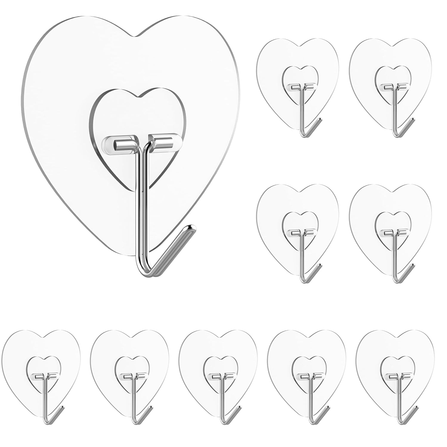 ZUCUR Heart-Shaped Transparent Adhesive Wall Hooks – Heavy Duty Waterproof No-Drill Hooks for Home, Kitchen, Bathroom & Bedroom – Strong Self-Adhesive Wall Hangers (Set of 10)
