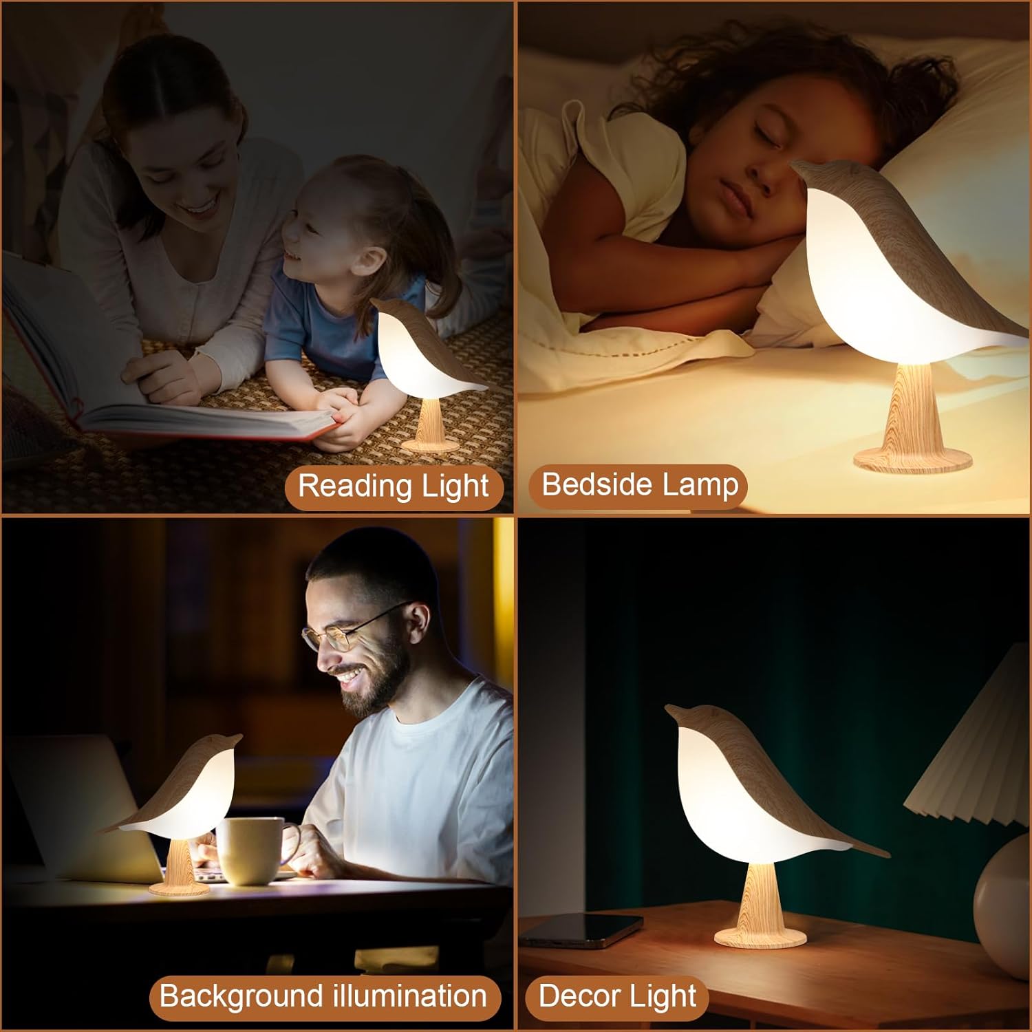ZUCUR Cute Bird LED Night Light – Portable Wooden Desk Lamp for Kids & Bedroom Decor