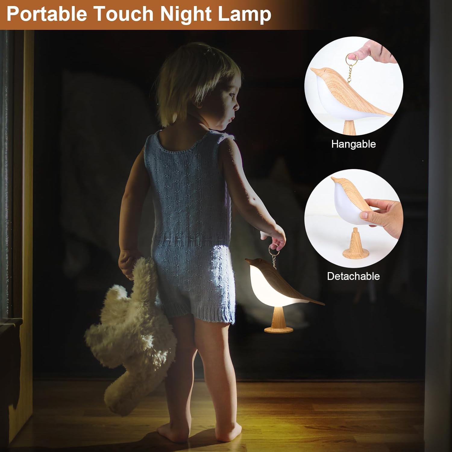ZUCUR Cute Bird LED Night Light – Portable Wooden Desk Lamp for Kids & Bedroom Decor
