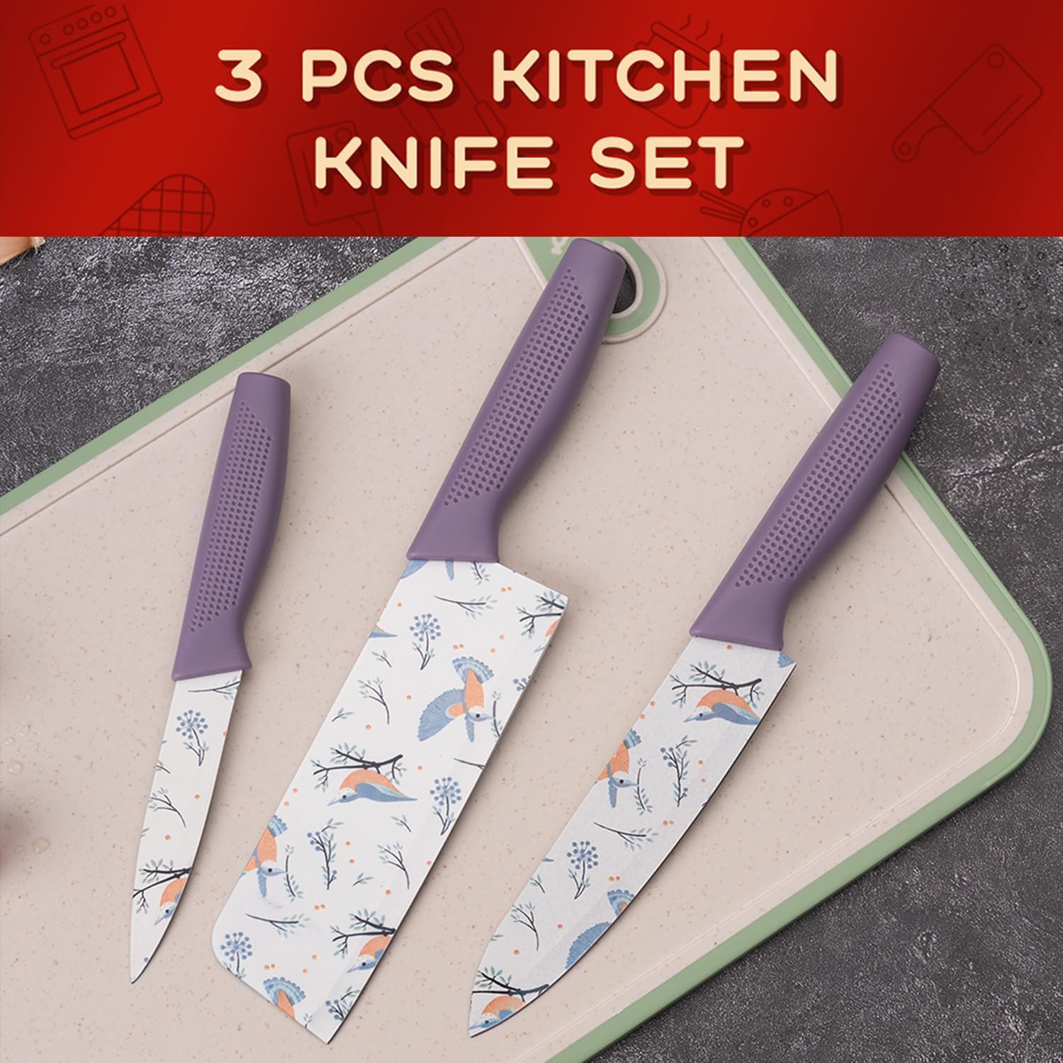 ZUCUR Professional 3-Piece Kitchen Knife Set - High Carbon Stainless Steel Chef Multipurpose Knife Set for Cutting, Slicing & Cooking