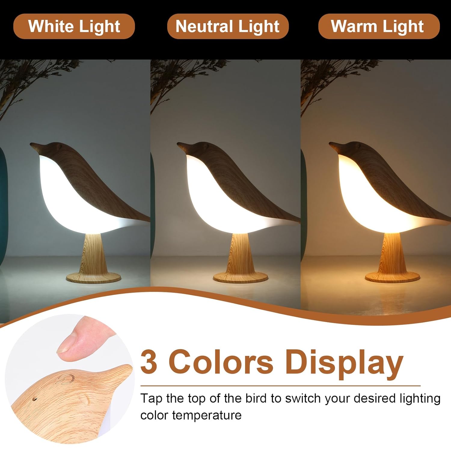 ZUCUR Cute Bird LED Night Light – Portable Wooden Desk Lamp for Kids & Bedroom Decor