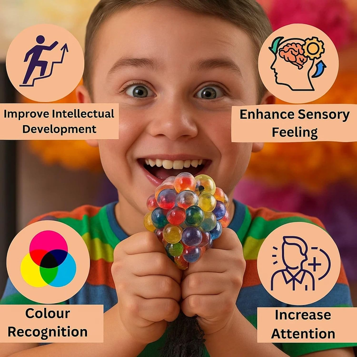 ZUCUR Rainbow Mesh Squeeze Stress Ball – Colorful Orbeez Sensory Fidget Toy