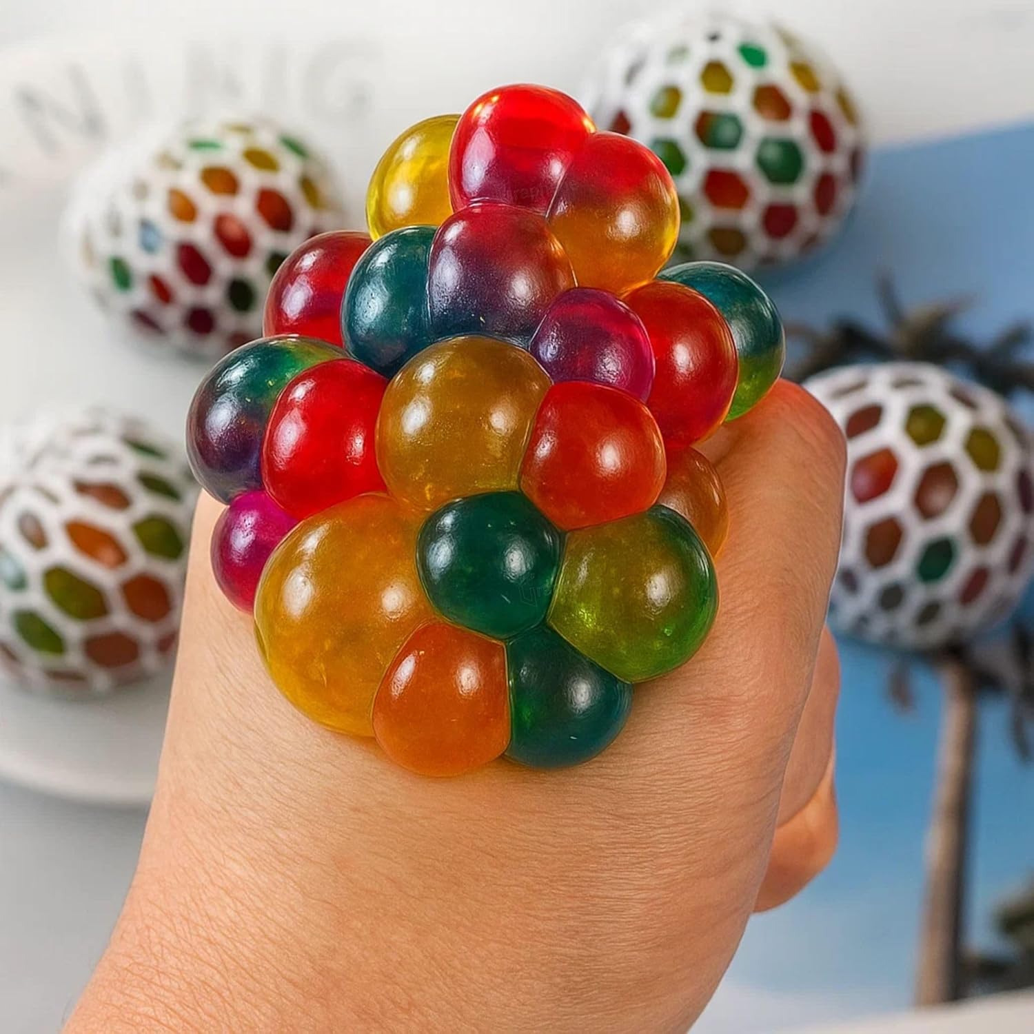 ZUCUR Rainbow Mesh Squeeze Stress Ball – Colorful Orbeez Sensory Fidget Toy