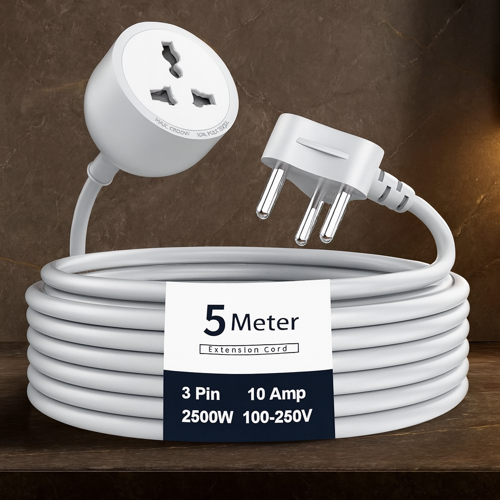 ZUCUR 5 Meter 3-Pin Heavy Duty Extension Cord | 10A 2500W Power Cable for Home & Office