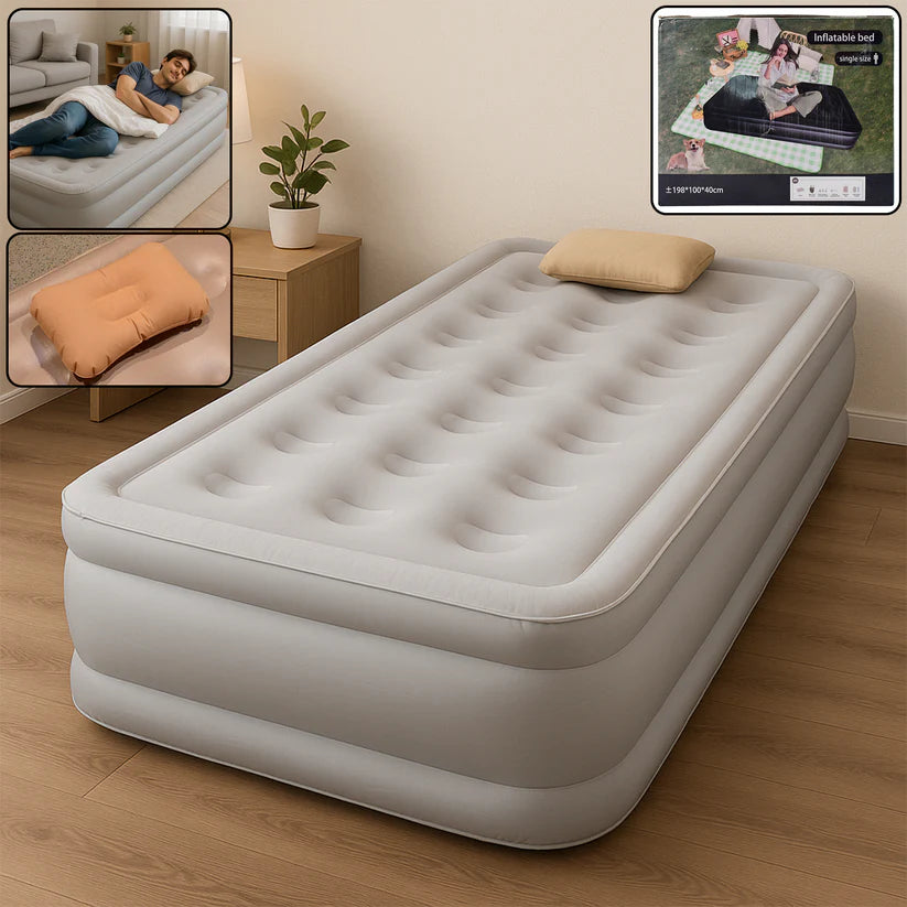 Single Air Bed with Built-in Pump | Inflatable Mattress for Home, Camping & Travel | Quick Self-Inflation