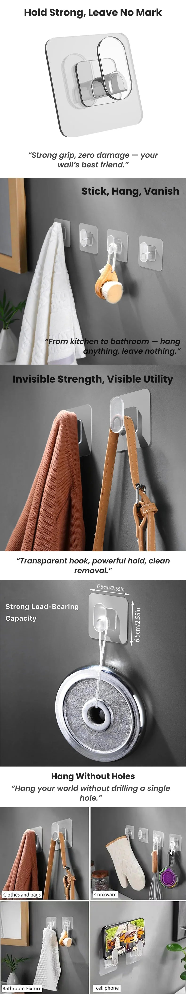 Strong Transparent Punch-Free Self-Adhesive Hook – Traceless Coat, Bathroom & Kitchen Storage Hook Set Of 10