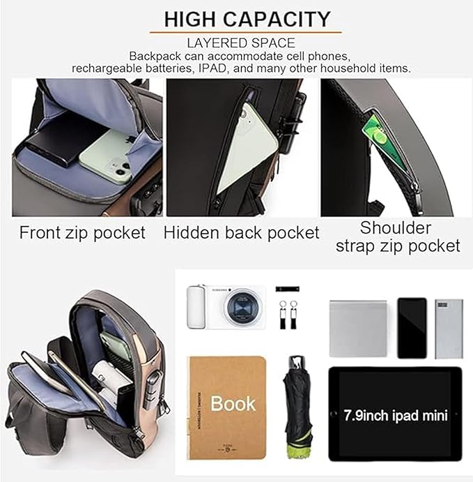 ZUCUR Waterproof Polyester Unisex Crossbody Sling Bag - Anti Theft Chest Backpack for Men & Women